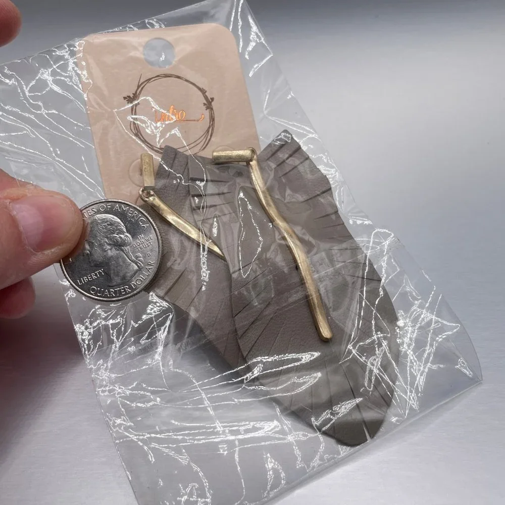 New! Leather Leaf Fringe Drop Earrings in Taupe - Picture 4 of 4